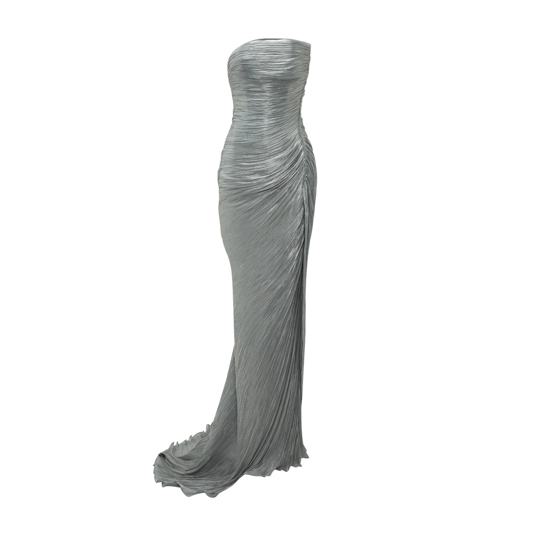 Strapless Pleated Silk Dress With Cape