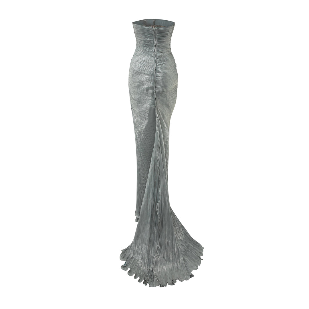 Strapless Pleated Silk Dress With Cape