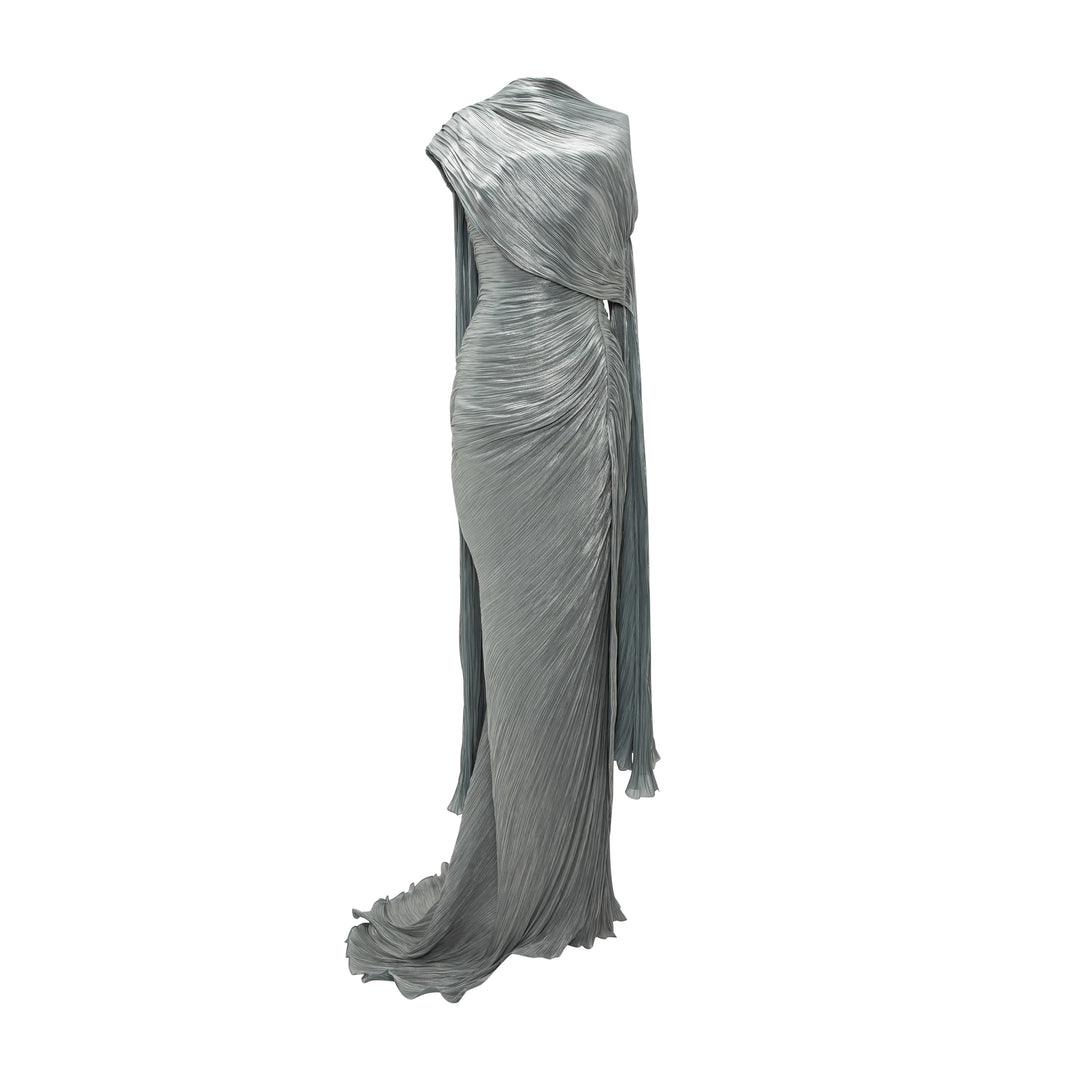 Strapless Pleated Silk Dress With Cape