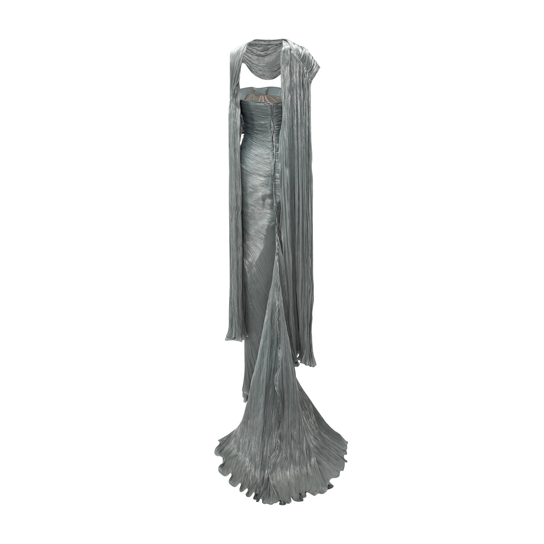 Strapless Pleated Silk Dress With Cape