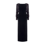 Load image into Gallery viewer, Long crepe dress with hand pleated Satin-like sleeves with button detail
