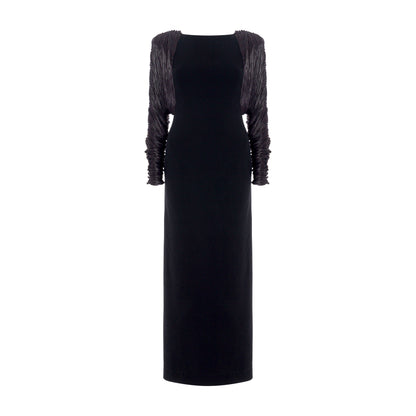 Long crepe dress with hand pleated Satin-like sleeves with button detail