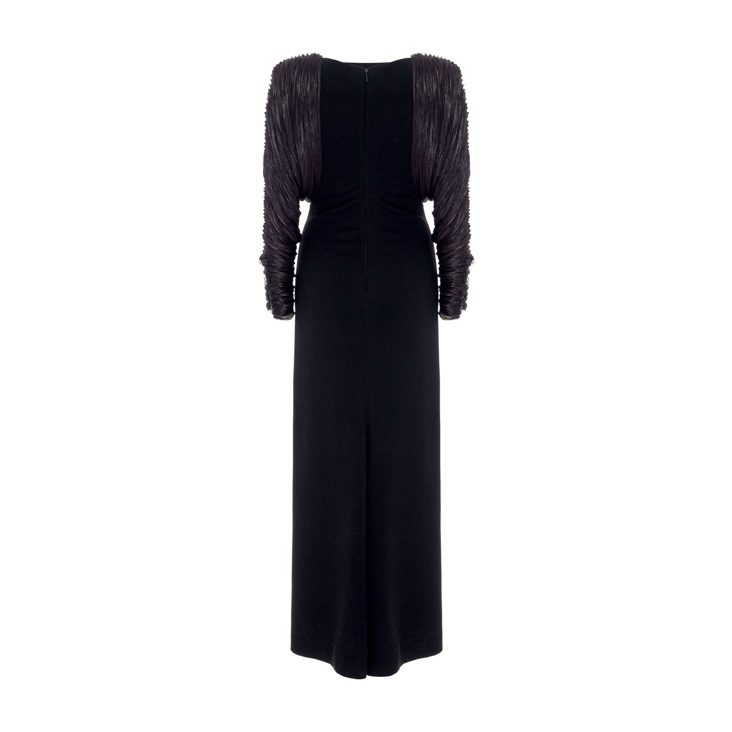 Long crepe dress with hand pleated Satin-like sleeves with button detail