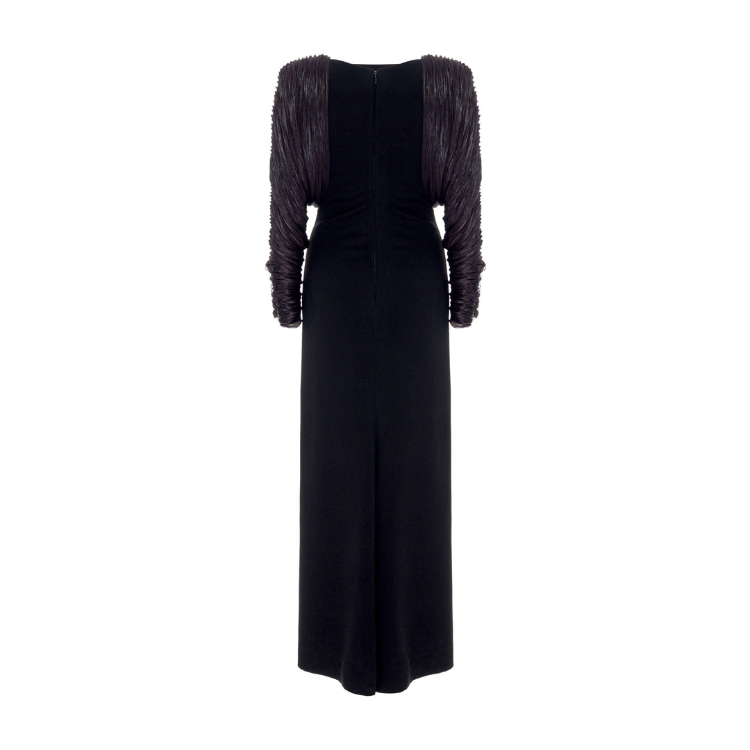 Long crepe dress with hand pleated Satin-like sleeves with button detail