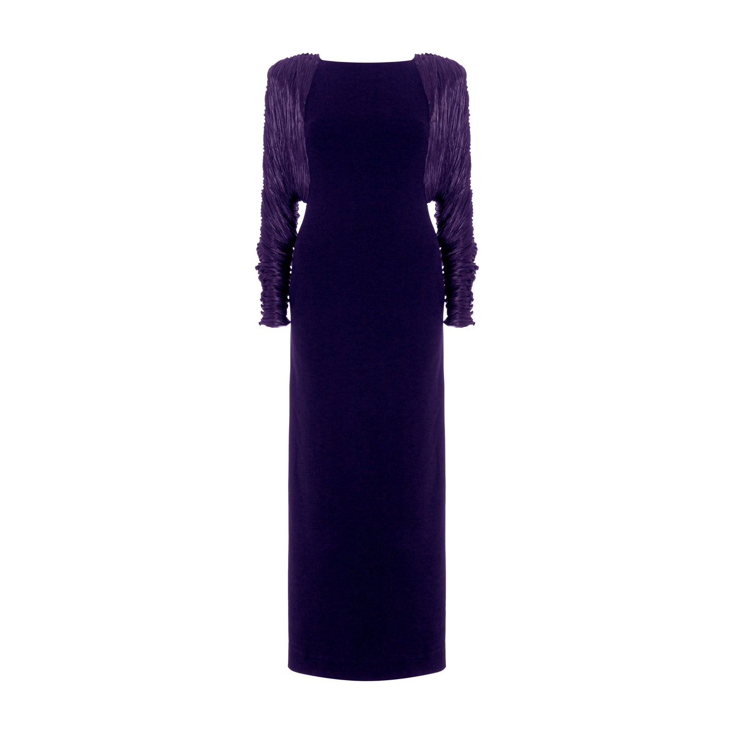 Long crepe dress with hand pleated Satin-like sleeves with button detail