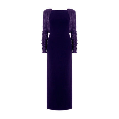 Long crepe dress with hand pleated Satin-like sleeves with button detail