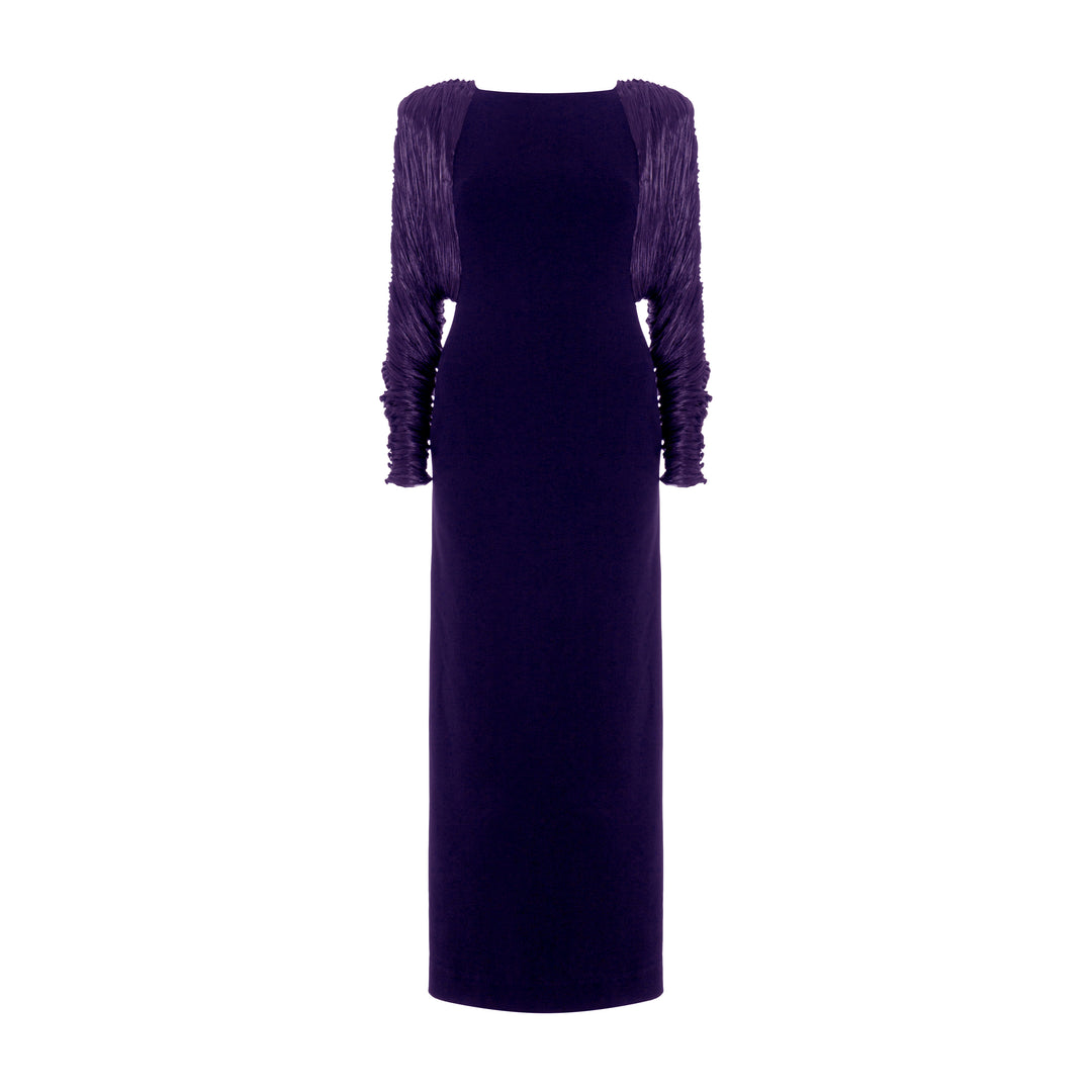 Long crepe dress with hand pleated Satin-like sleeves with button detail