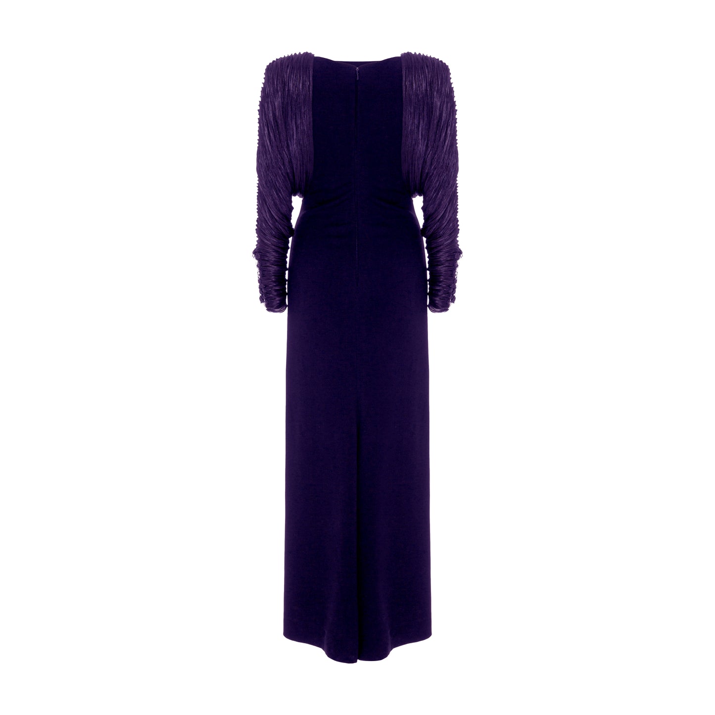 Long crepe dress with hand pleated Satin-like sleeves with button detail