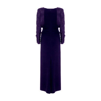 Long crepe dress with hand pleated Satin-like sleeves with button detail