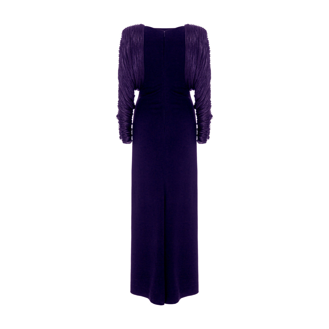 Long crepe dress with hand pleated Satin-like sleeves with button detail