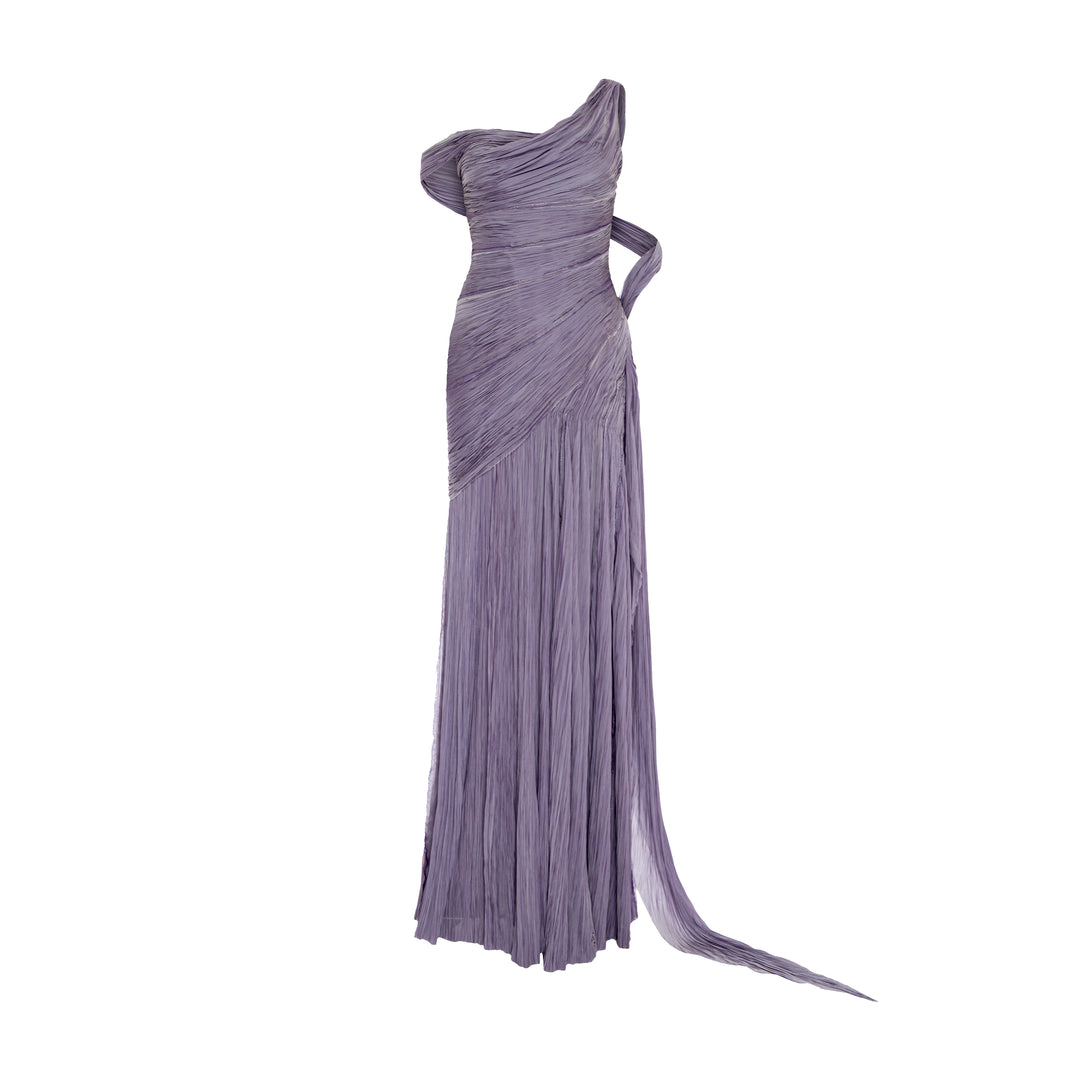 One shoulder hand pleated draped chiffon with slit and cape