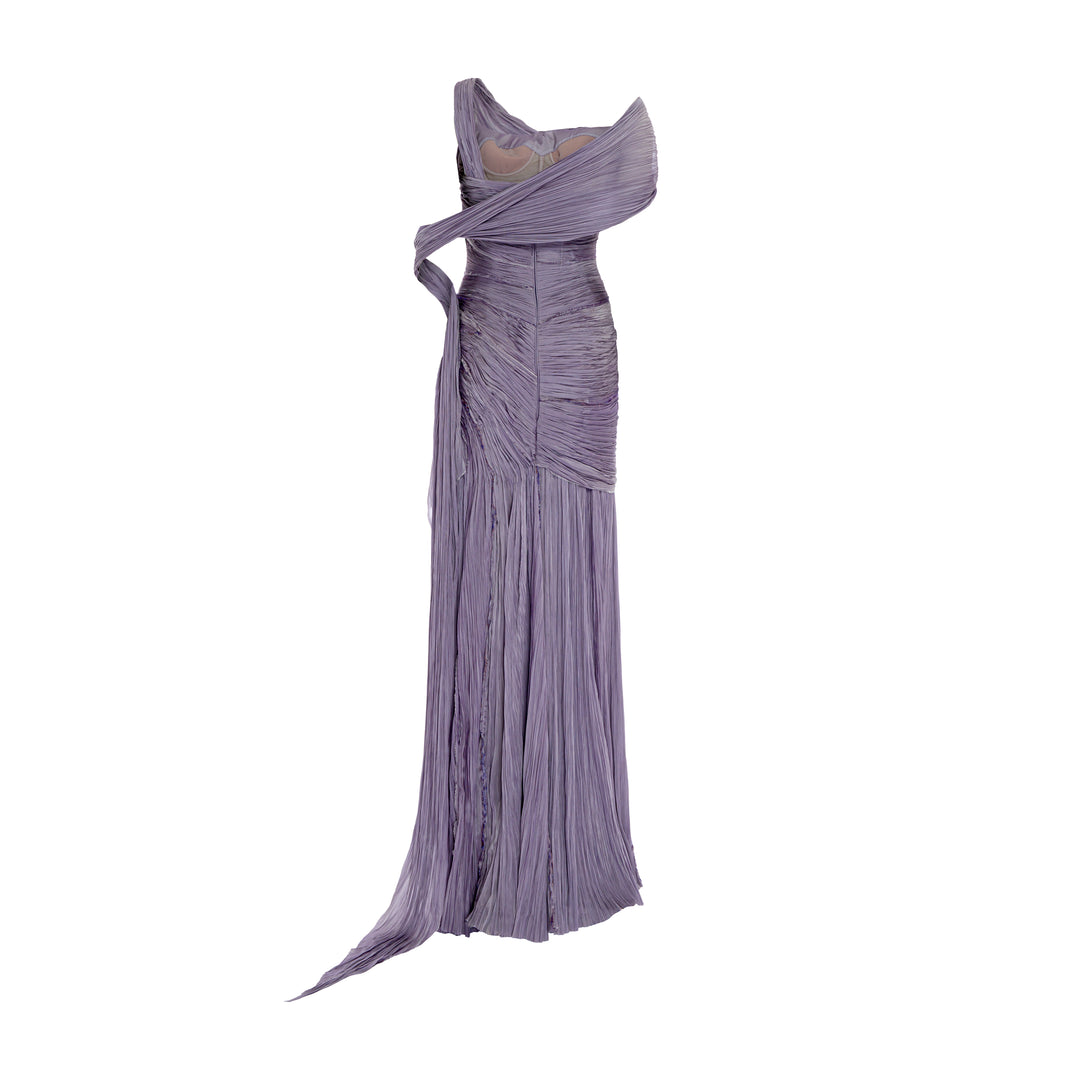 One shoulder hand pleated draped chiffon with slit and cape