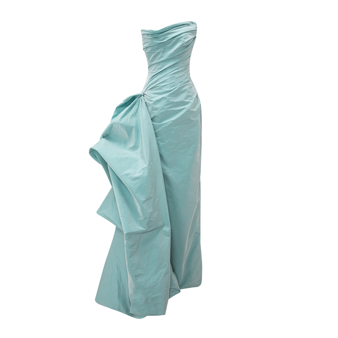Strapless Draped Taffeta Dress With Detachable Over Skirt