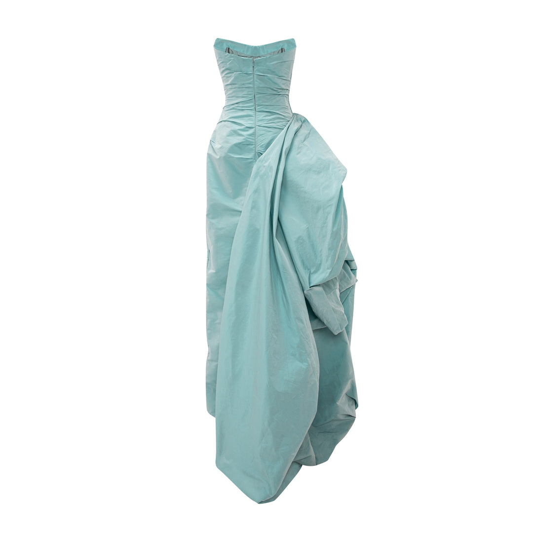 Strapless Draped Taffeta Dress With Detachable Over Skirt