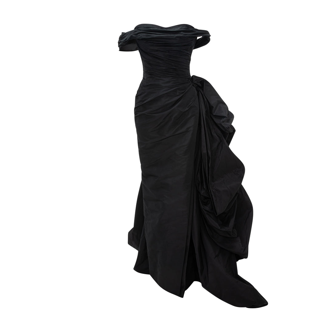 Off-Shoulder Draped Taffeta Dress With Detachable Over Skirt