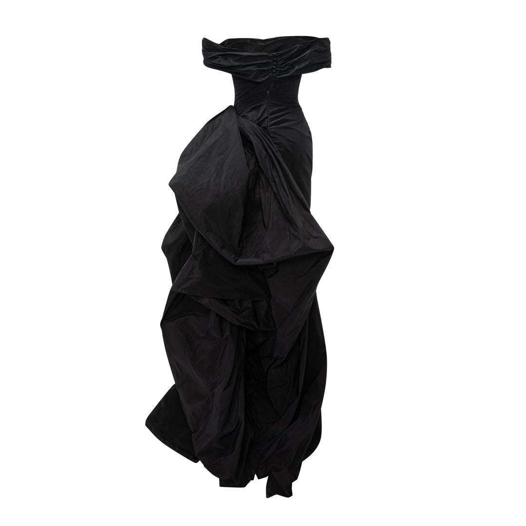 Off-Shoulder Draped Taffeta Dress With Detachable Over Skirt