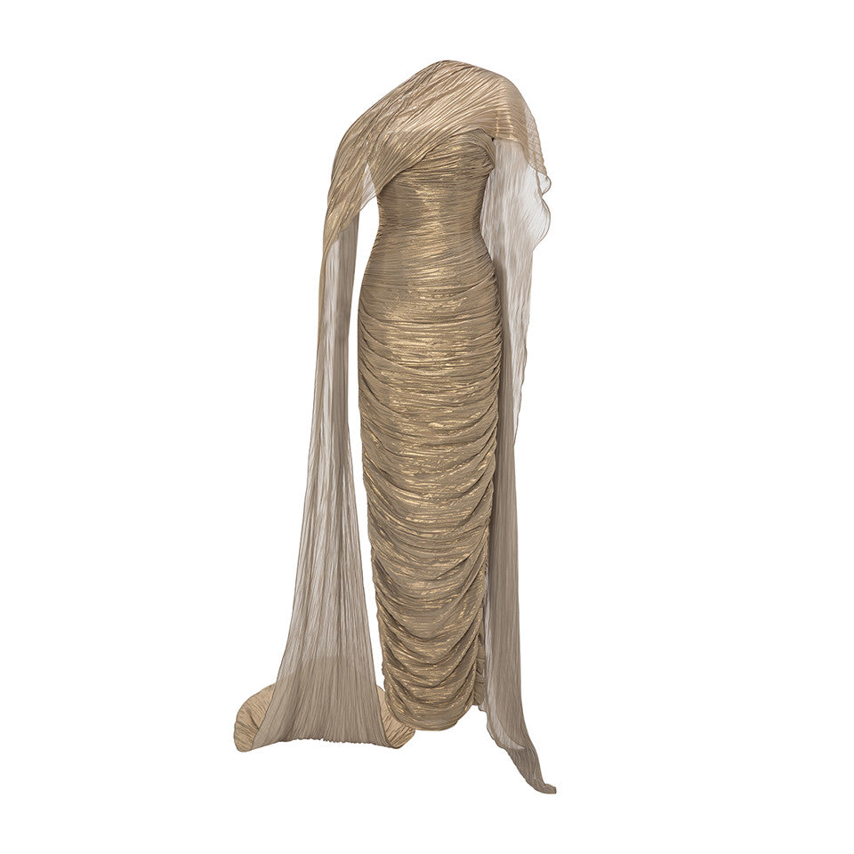 STRAPLESS SILK HAND PLEATED DRESS WITH HAND PLEATED CAPE Gold / 36 / Silk STRAPLESS SILK HAND PLEATED DRESS WITH HAND PLEATED CAPE Gold / 36 / Silk