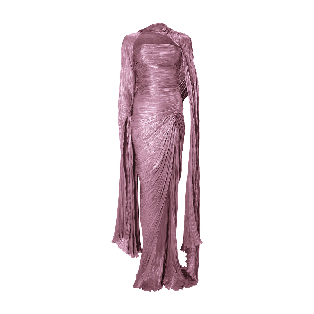 Strapless hand-pleated Satin-like draped dress with slit and cape