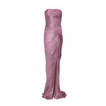 Load image into Gallery viewer, Strapless hand-pleated Satin-like draped dress with slit and cape
