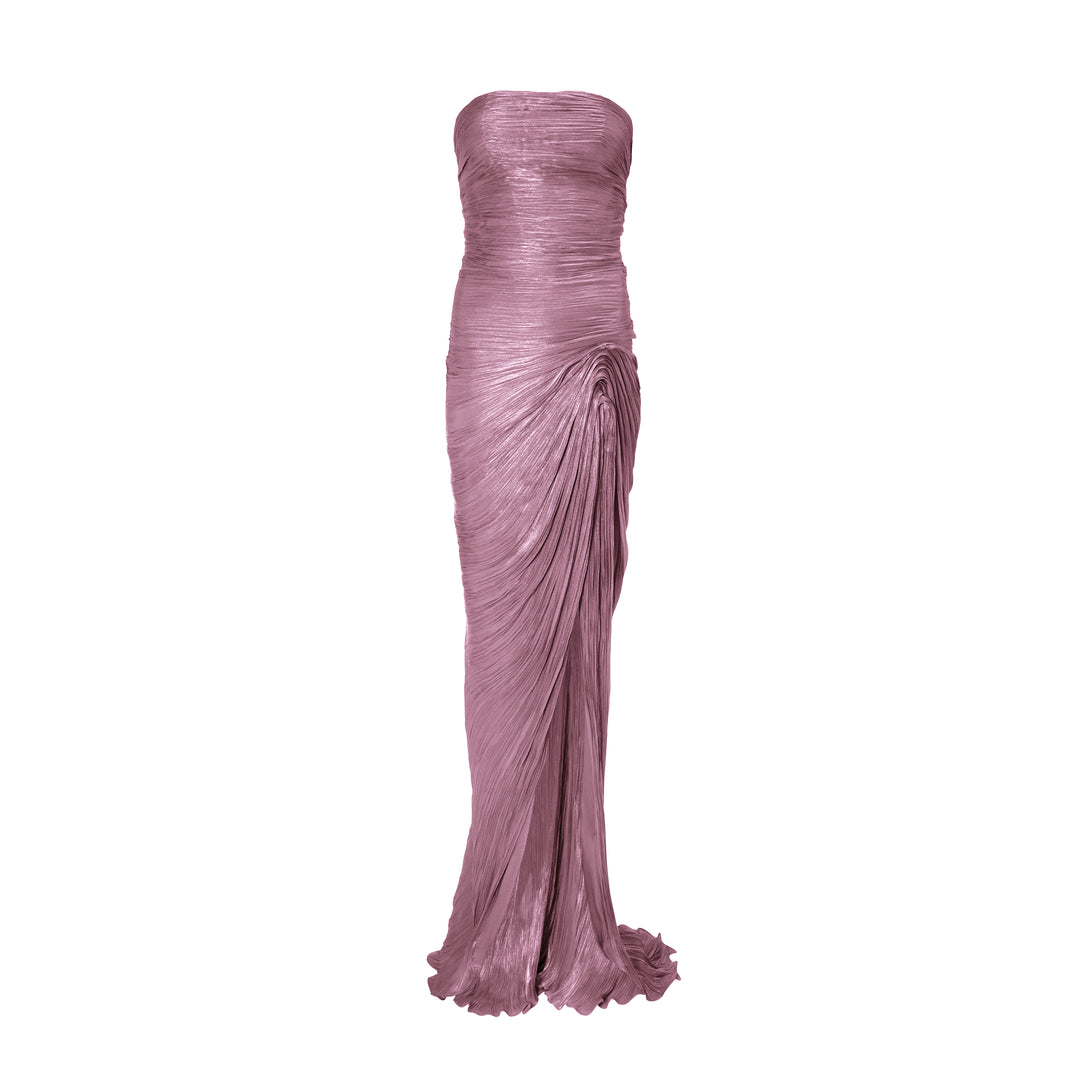 Strapless hand-pleated Satin-like draped dress with slit and cape