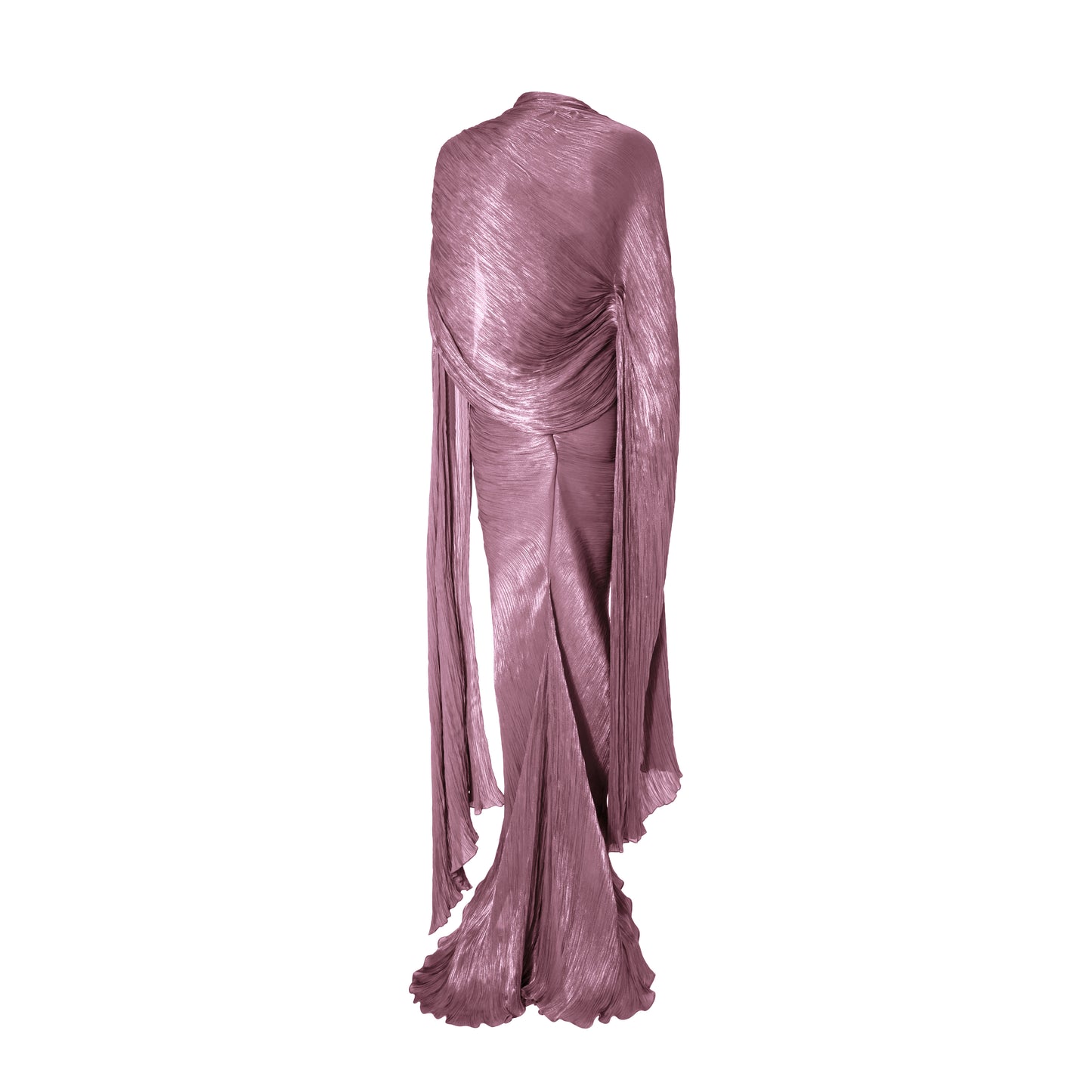 Strapless hand-pleated Satin-like draped dress with slit and cape