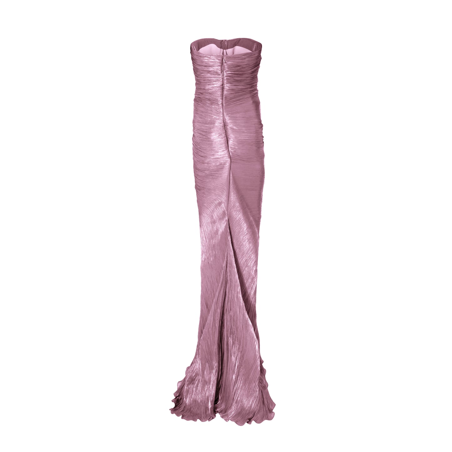 Strapless hand-pleated Satin-like draped dress with slit and cape